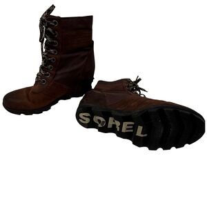 Sorel Lexie Wedge Boots Dark Brown Leather Lace Up NL3046-908 Womens 9